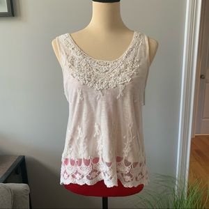 Haute Monde Ivory Lace Embroidered Tank Top Sz M